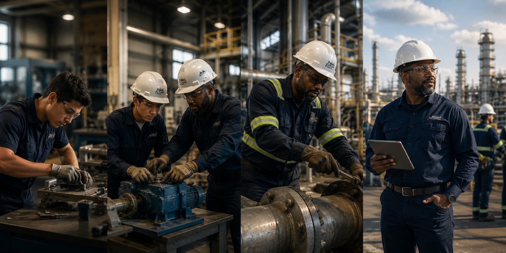 Industrial workers moving through hands-on training, mentorship, field work, and leadership.