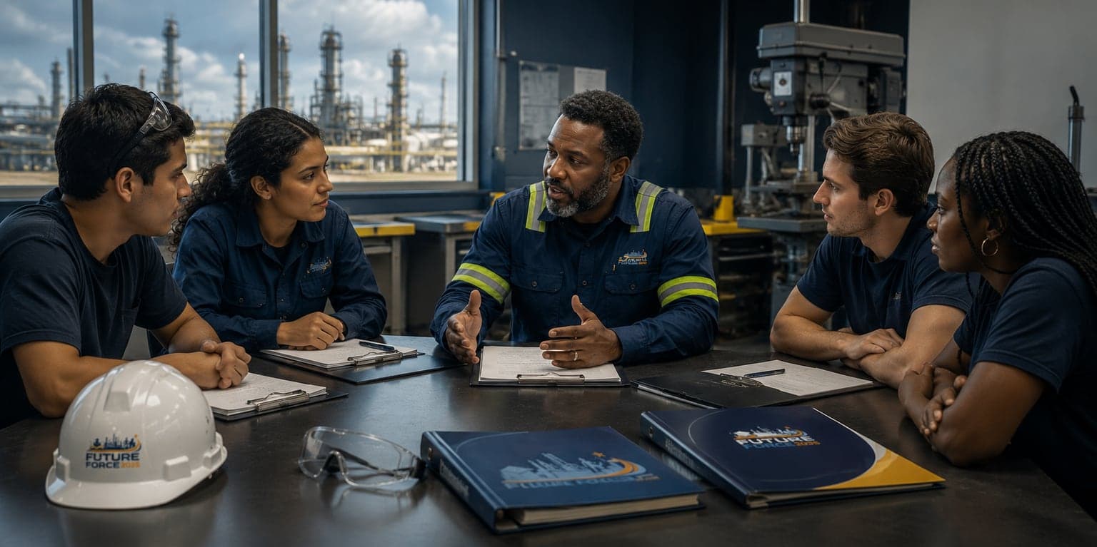 A workforce training conversation with students, workers, and an instructor.