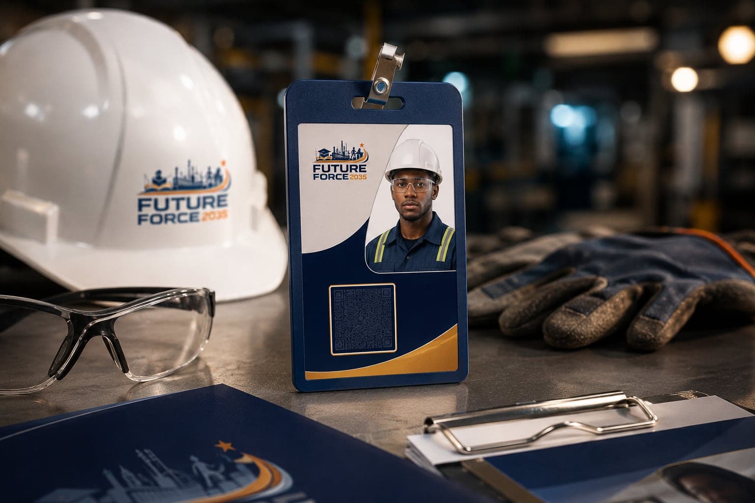 Future Force 2035 work-ready badge materials with safety gear.